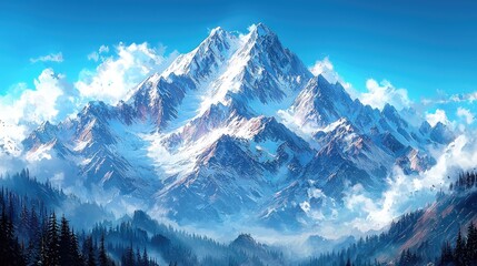 Majestic snow-capped mountains under a clear blue sky with fluffy clouds in the background