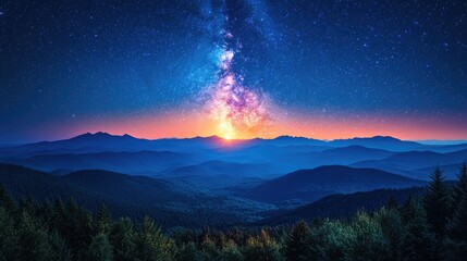 Majestic sunrise over a mountain range with a starry sky and vibrant colors illuminating the landscape