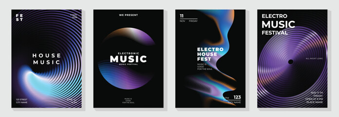 Music poster design background vector set. Electro Sound Cover template with vibrant abstract gradient geometric shape. Ideal design for social media, flyer, party, music festival, club.