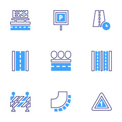 Road icon set. Bold line style. Duotone colors. Editable stroke. parking, road, curve, time, barrier, side, motorway, billboard
