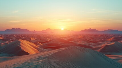 Serene Sunset Over Vast Desert Dunes with Silhouetted Mountains in the Background