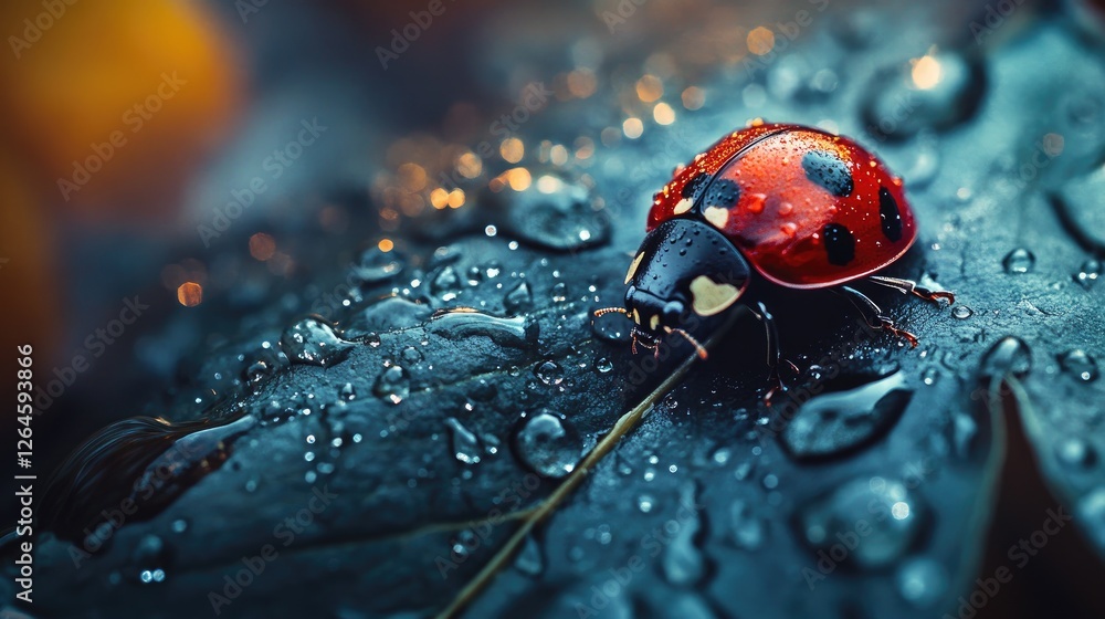 Poster close-up of a ladybug resting on a leaf covered in dew drops, showcasing intricate textures and natu
