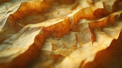 Close-up of crumpled, dried leaves showcasing intricate textures and warm autumn colors