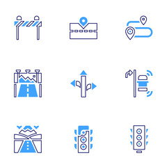  Road icon set. Bold line style. Duotone colors. Editable stroke. traffic light, road block, road sign, route, right turn, road.