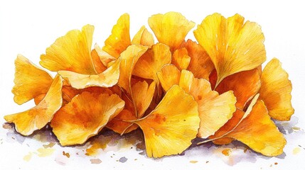 Vibrant yellow ginkgo leaves scattered artistically on a white background, evoking autumn's beauty