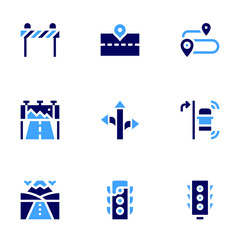 Road icon set. Bold style. Duotone colors. traffic light, road block, road sign, route, right turn, road, road banner