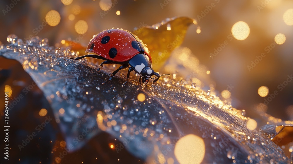 Poster a close-up of a ladybug on a dewy leaf, with sparkling droplets and intricate textures highlighting 