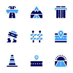 Road icon set. Bold style. Duotone colors. way, road, slippery road, road barrier, motorway, work in progress