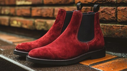 Stylish red suede Chelsea boots displayed on a wet pavement beside a brick wall, showcasing urban fashion