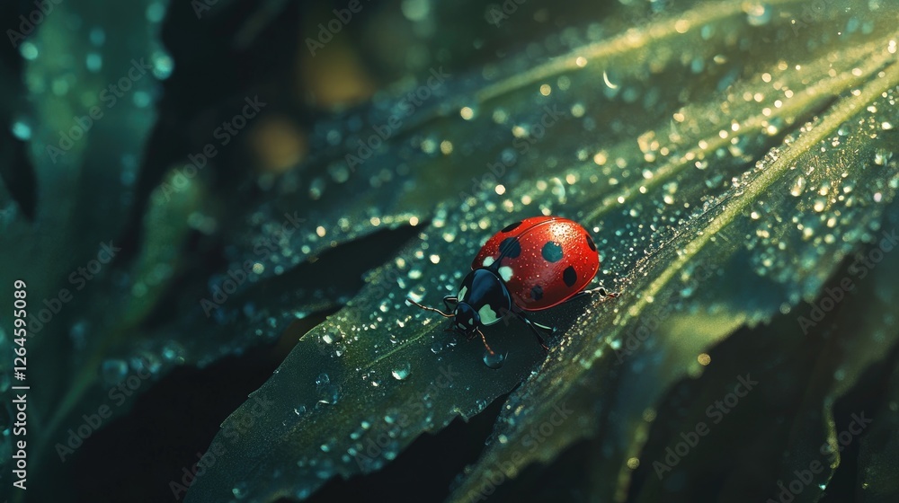 Poster a detailed macro view of a ladybug on a dew-speckled leaf, its bright red shell contrasting against 
