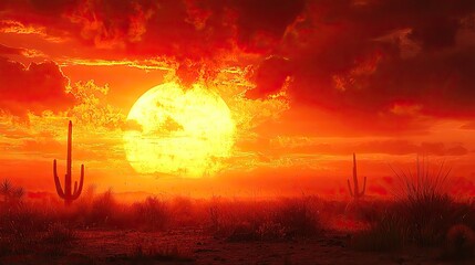 Vibrant sunset over a desert landscape with cacti silhouetted against a dramatic sky