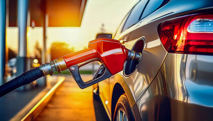 gas pump nozzle, in a car. refueling a car at a gas station