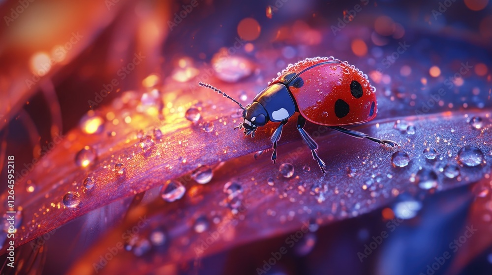 Poster a detailed macro view of a ladybug perched on a dew-covered leaf, the vibrant red shell and sparklin