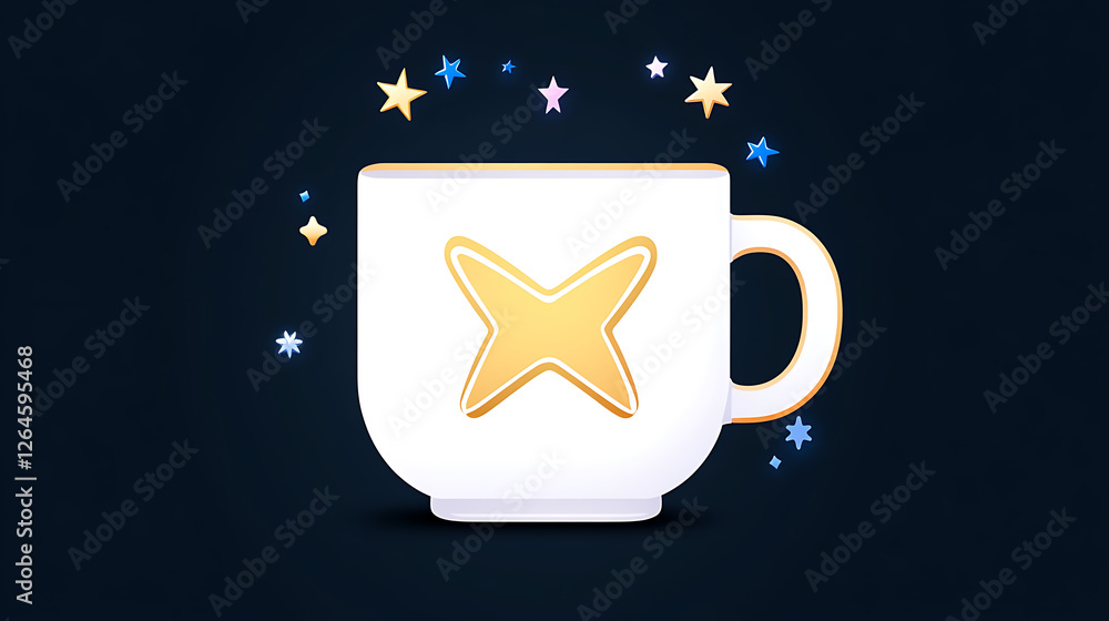 Poster star adorned mug with golden x design and floating stars creating a festive background atmosphere