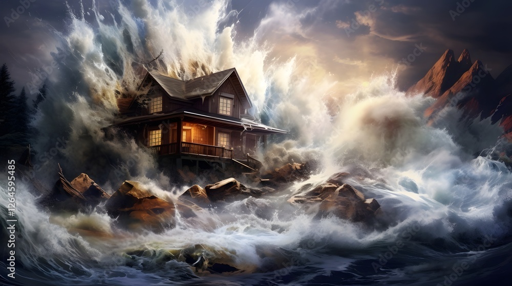 Poster a house succumbing to the overwhelming might of floodwaters its structure collapsing as debris and r
