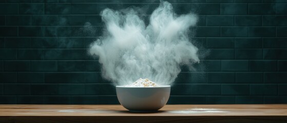 A white bowl filled with flour sits on a wooden table, with a cloud of flour billowing upwards.
