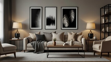 The stylish composition at living room interior with green wall, design gray sofa, coffee table, dark lamp and elegant personal accessories. Beige pillow and plaid. Cozy apartment. Template.