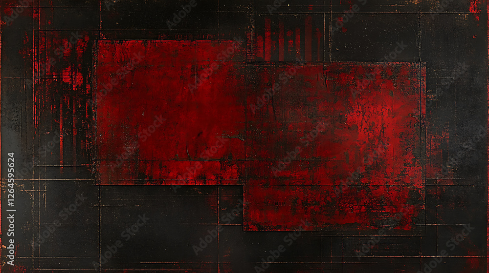 Poster stark crimson overlays in grungy abstract composition featuring distressed textural elements