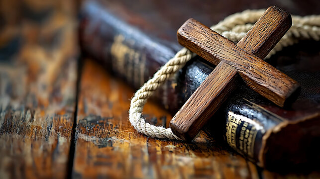 A wooden cross is on top of a book. generated using AI