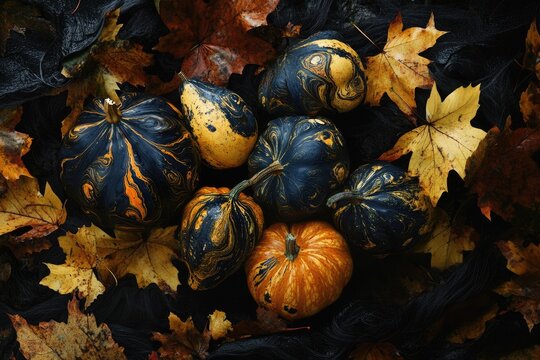 Marbled pumpkins and autumn leaves create a dark, moody, Halloween-themed still life.