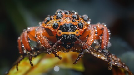 Naklejka premium A stunning close-up of a ladybug on a fresh leaf with dew drops shimmering like tiny jewels in this natural macro shot