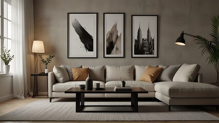 The stylish composition at living room interior with green wall, design gray sofa, coffee table, dark lamp and elegant personal accessories. Beige pillow and plaid. Cozy apartment. Template.