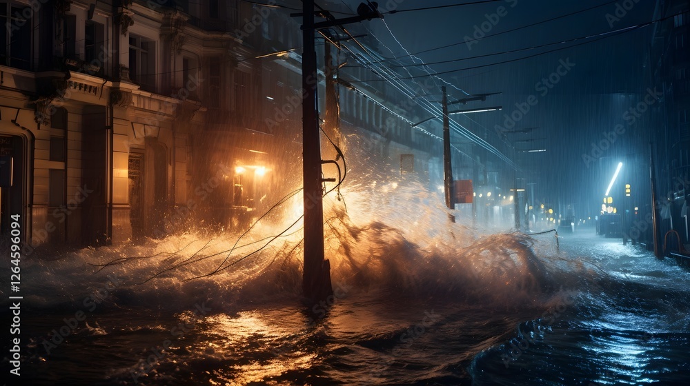 Poster an electric pole collapsing in a flooded urban street sparking and creating a hazardous situation du