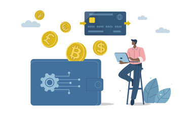 Cryptocurrency transactions and online banking, Bitcoin digital wallet, Male investor trading cryptocurrency via application and credit card, Cryptocurrency wallet technology, Flat vector design.