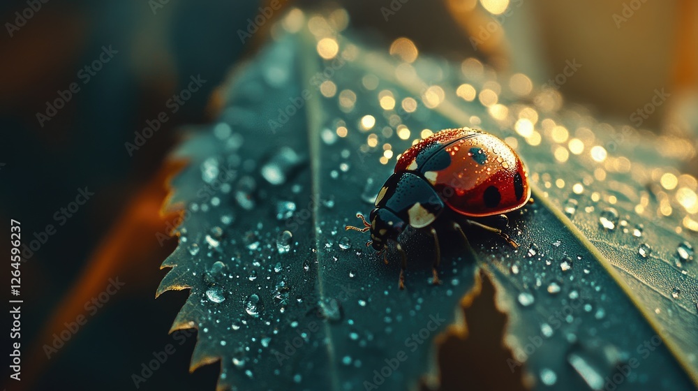 Poster close-up of a ladybug on a dew-drenched leaf, with tiny droplets magnifying the intricate details of