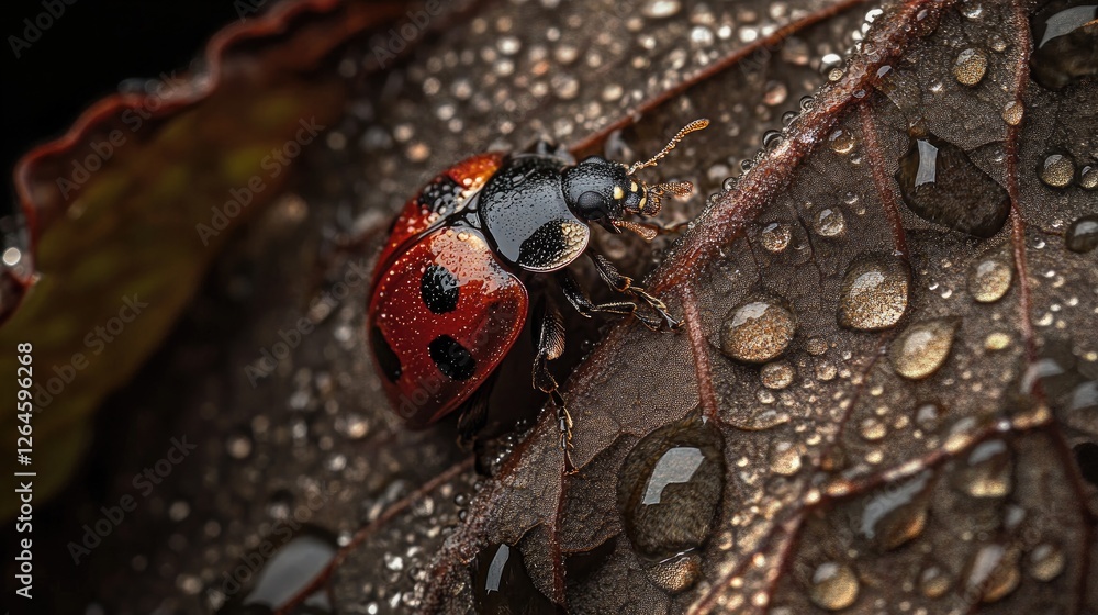 Poster close-up of a ladybug on a dew-drenched leaf, with tiny droplets magnifying the intricate details of