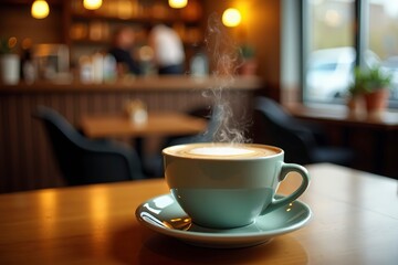 Steaming latte on a wooden table, soft bokeh background, cozy cafe ambiance. Warmth and comfort in every sip.