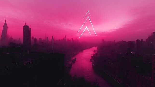 Pink Cityscape Sunrise with Abstract Geometric Design - Powered by Adobe