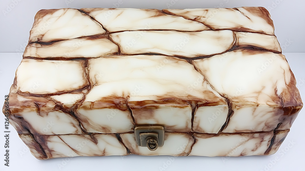 Poster stone block textured treasure box with metal clasp and decorative detailing artistic rendering