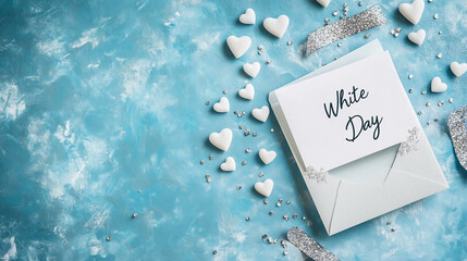 ホワイトデーのメッセージカードと白いハート | ターコイズ背景
