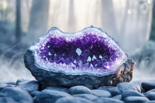 A geode filled with vibrant purple amethyst crystals rests on smooth stones in a misty forest.
