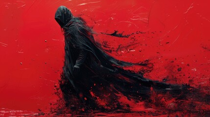 Mysterious figure cloaked in shadows against a vibrant red backdrop