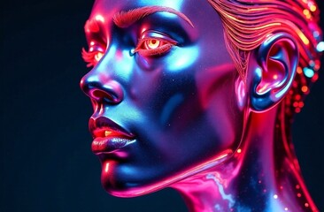 Futuristic mannequin with glowing features in vibrant colors against a dark background