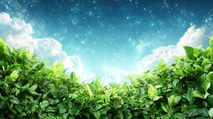 Obraz premium Lush green tea plants under a starry night sky
