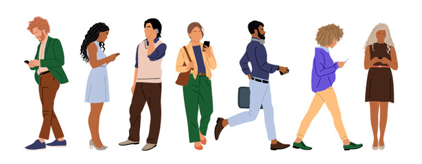 Set of different people using mobile phones. Business men and women holding smartphones, texting, talking, watching news. Group of male, female cartoon characters Vector realistic illustrations.