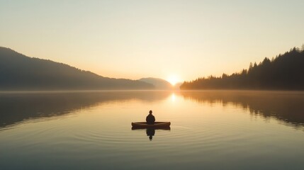 Solitary person in a canoe on a still lake at sunrise, surrounded by misty mountains and trees, reflecting peacefulness and serenity
