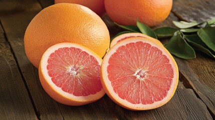 Ripe pink grapefruits on wooden surface, cut in half, showing juicy flesh and segments.