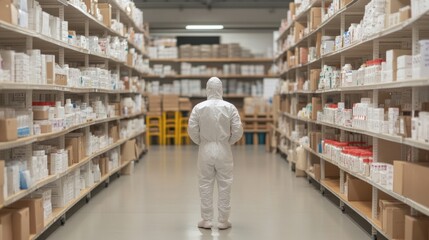 A person in a white protective suit stands in a large medical warehouse filled with shelves of pharmaceutical products, symbolizing healthcare safety