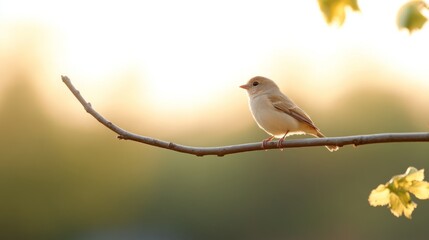 A small bird perch on a thin branch, illuminated by warm golden sunlight. The blurred green and yellow background enhances the tranquil nature scene