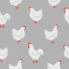 Hand draw cartoon white chicken, hens, roosters birds seamless pattern, cottage country life style repeating background. Cute design for wrapping paper, textile, fabric. Grey background
