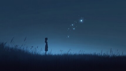 Silhouette of a child gazing at glowing lights in a field at night.
