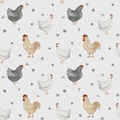 Hand draw cartoon chicken, hens, roosters birds seamless pattern, cottage country life style repeating background. Cute design for wrapping paper, textile, fabric. light grey background