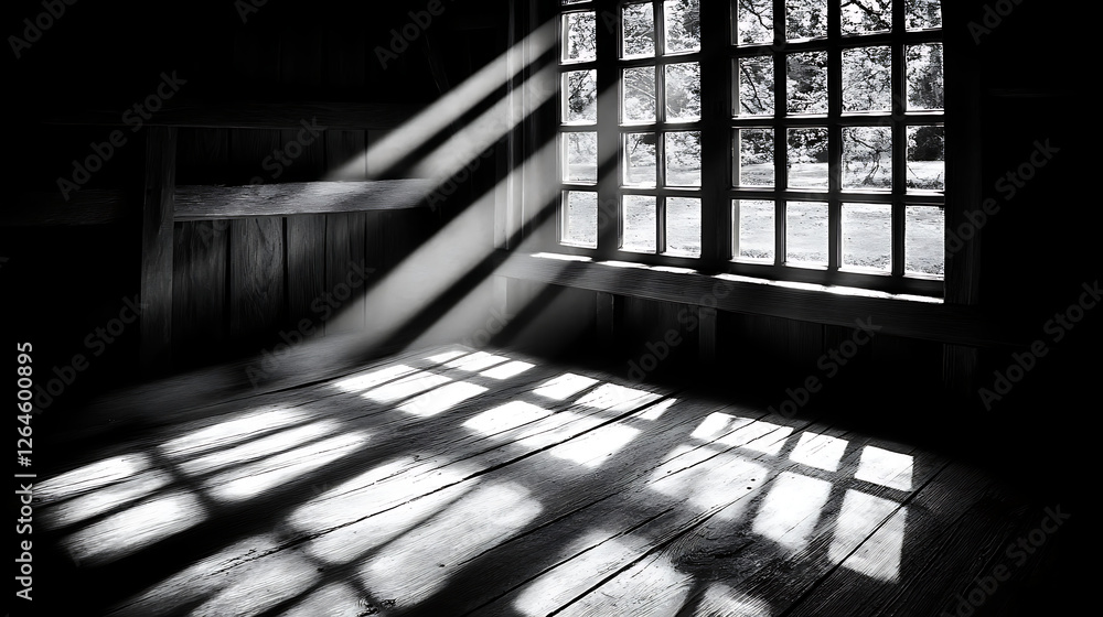 Poster sunlight rays streaming through window illuminating interior space in monochrome atmospheric view