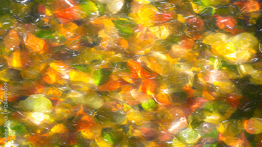 Poster sunlit autumn leaves reflected in gentle stream water abstract impressionistic view artistic renderi