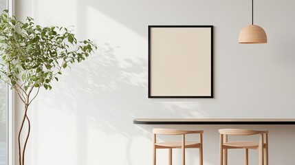 Minimalist interior design featuring a framed blank canvas, wooden furniture, and greenery