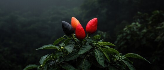 A plant with three peppers in red, orange, and black.